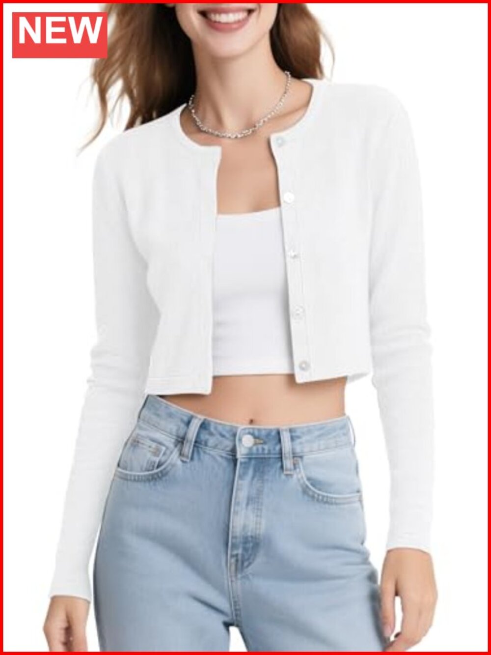 Long Sleeve Button Up Cropped Cardigan Crew Neck Bolero Shrug
